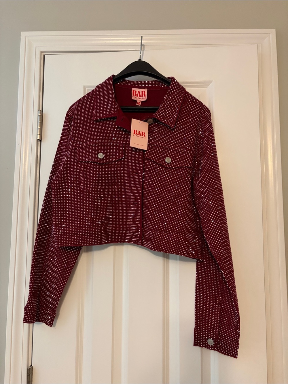 Burgundy Cropped Rhinestone Jean Jacket